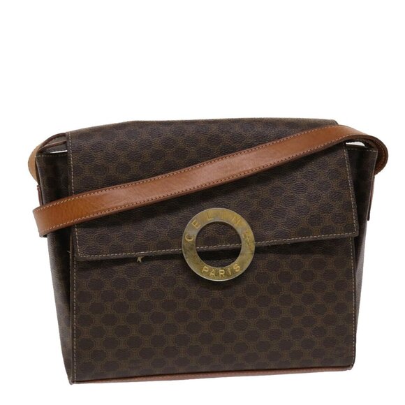 CELINE Macadam Canvas Shoulder Bag PVC Leather Brown Authentic - Picture 1 of 16